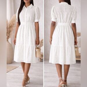 BA&SH Selya Broderie Anglaise White Cotton Cottagecore Midi Shirt Dress